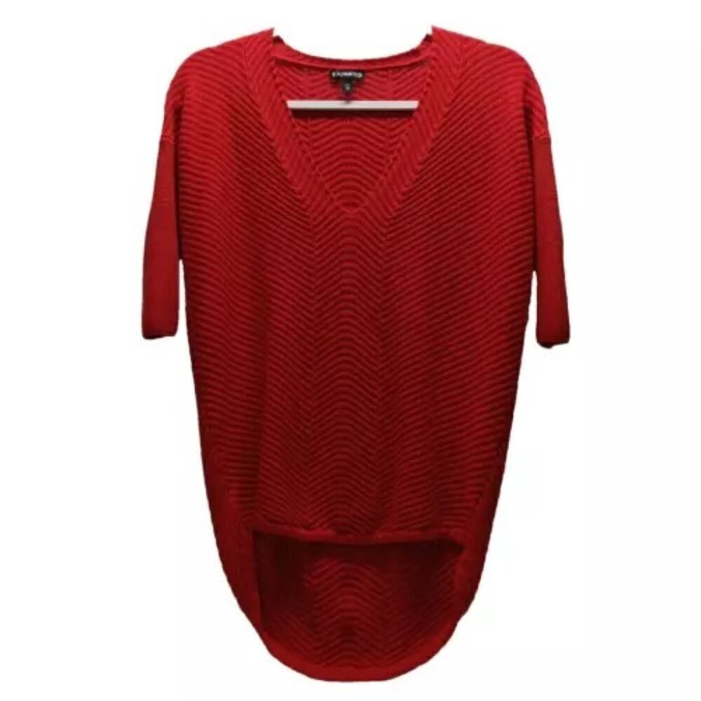 Express Chevron Pattern Knit V-Neck Sweater Women’s XS Red Droptail High-Low Hem